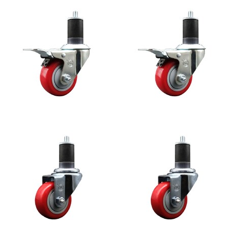 Service Caster 3'' SS Red Poly Swivel 1-5/8'' Expanding Stem Caster Set 2 Total Lock Brakes, 4PK SCC-SSEXTTL20S314-PPUB-RED-2-S-2-158